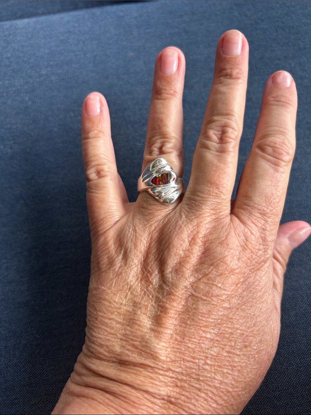 Sterling Silver black opal with red flash ring size 9